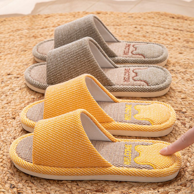 卡通亚麻拖鞋女四季透气可爱小熊室内家居情侣防滑地板拖鞋夏季男