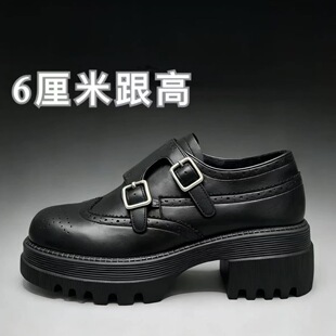 现货厚底乐福秋冬新款哈顿学院~缩纹马皮双扣圆头英伦风皮鞋女