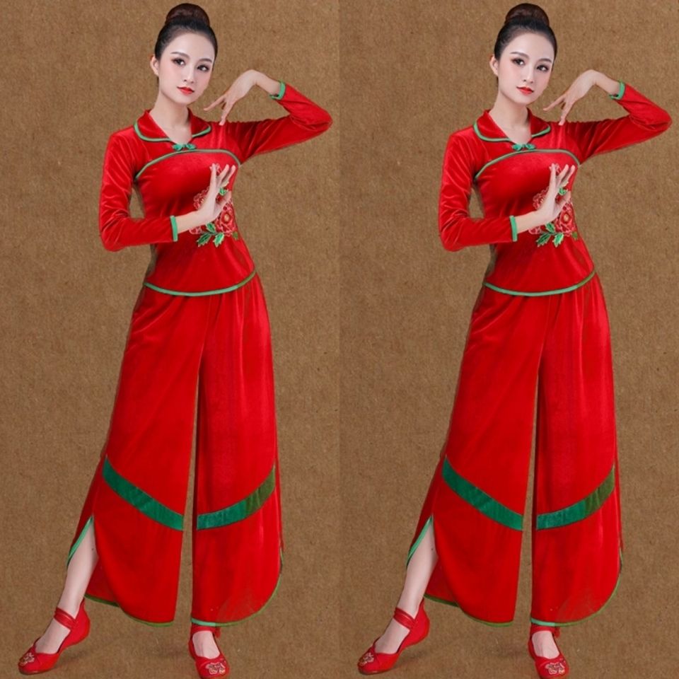 新款金丝绒广场舞服民族风古典舞演出服秧歌舞扇子舞服长袖阔腿裤