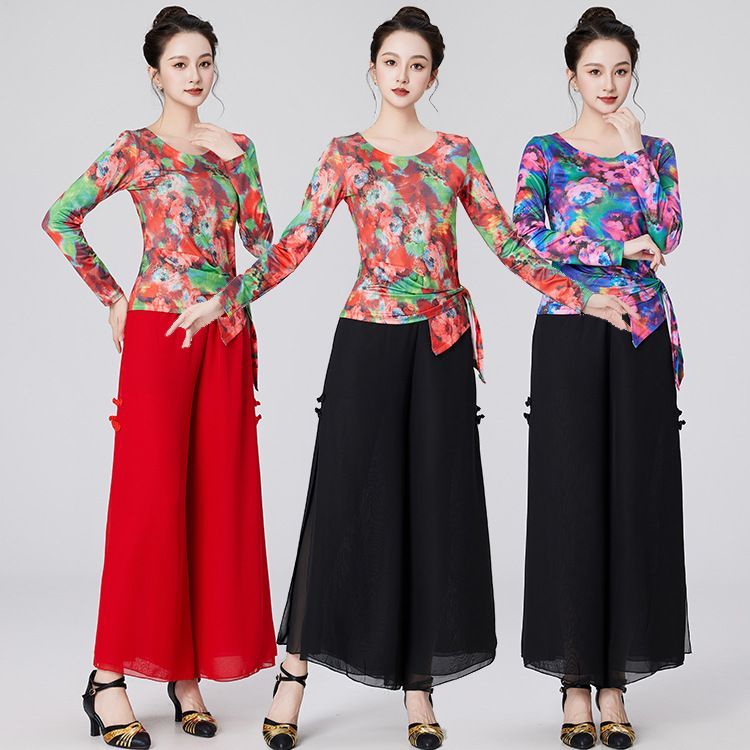 广场舞服装新款套装民族风大花色长袖上衣雪纺裙裤演出舞蹈服装女