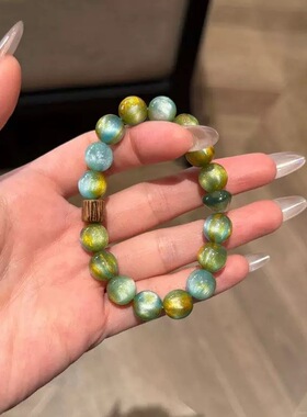 复古油画森系蓝绿色树脂猫眼手串小众轻奢鎏金串珠天然檀木手链女
