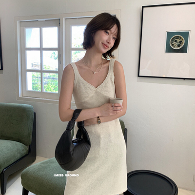 IMISS-质V领23亚麻针织吊带连衣裙(麻料有麻结麻点为正常)R01331