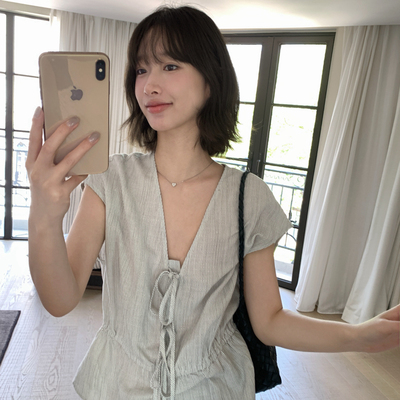 IMISS-上新韩标天丝麻条纹系带小衫(麻料有麻结麻点为正常)R80965