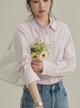 歌铭/APXIVI-春日信封春上新韩系通勤竖条纹POLO领宽松衬衫S1051F