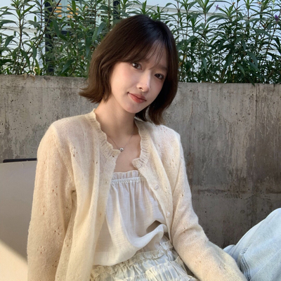 IMISS-春上新韩标简约圆领镂空针织开衫（含30羊毛）R01332