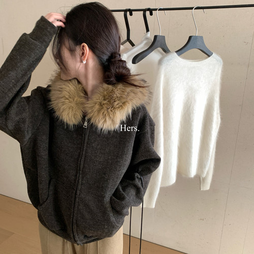 Hers-冬上新简约日常复古可拆卸毛领卫衣外套62111