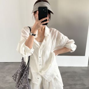 T.G-舒适松弛全亚麻透气防晒衬衫+松紧腰抽绳短裤两件套套装26554