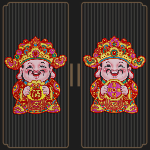 绒布财神娃娃玻璃大门贴纸带背胶