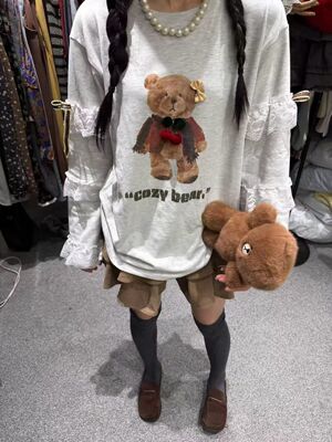 2026早春款韩版蕾丝拼接卡通小熊印花长袖T恤女宽松百搭减龄上衣