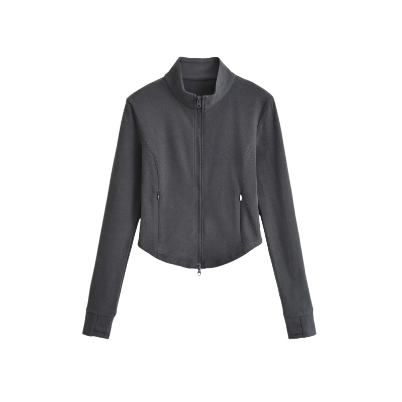 拉链长袖套指上衣女立领柔软修身收腰下摆弧形开衫卫衣外套纯色