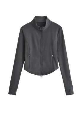 拉链长袖套指上衣女立领柔软修身收腰下摆弧形开衫卫衣外套纯色