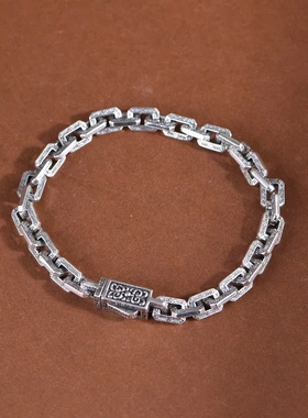 金鹿王  S925银复古个性锁链扁O链粗6mm 20cm长男款手环手链银链