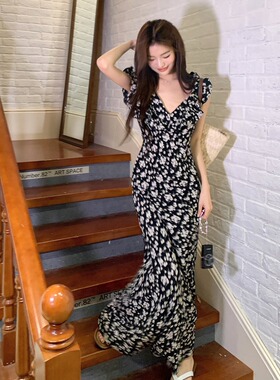 语姿雅Rae新款玫瑰岛碎花黑色连衣裙女长款荷叶边裙子