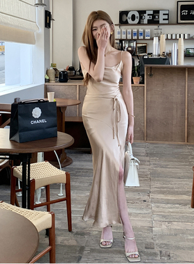 语姿雅Rae新款荡领连衣裙香槟金气质温柔绑带小裙子开叉长裙女