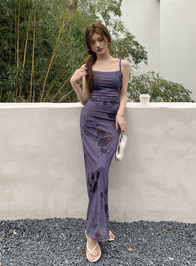 语姿雅Rae新款悸动之夜裙子修身显瘦吊带裙长款紫色连衣裙女