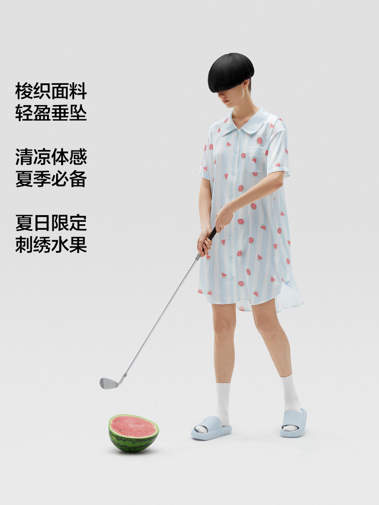 JIAO NEI SI SI 520 홈 나이트 가운 여성 여름 짧은 소매 얼음 실크 시원한 느낌 느슨한 대형 카디건 프린트 파자마 드레스