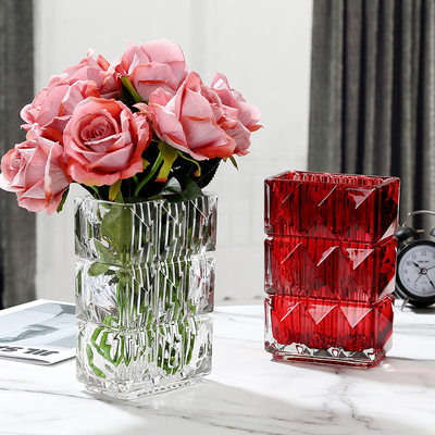 加厚方形精刻玻璃透明水养鲜花花瓶餐桌家居摆件软装饰品