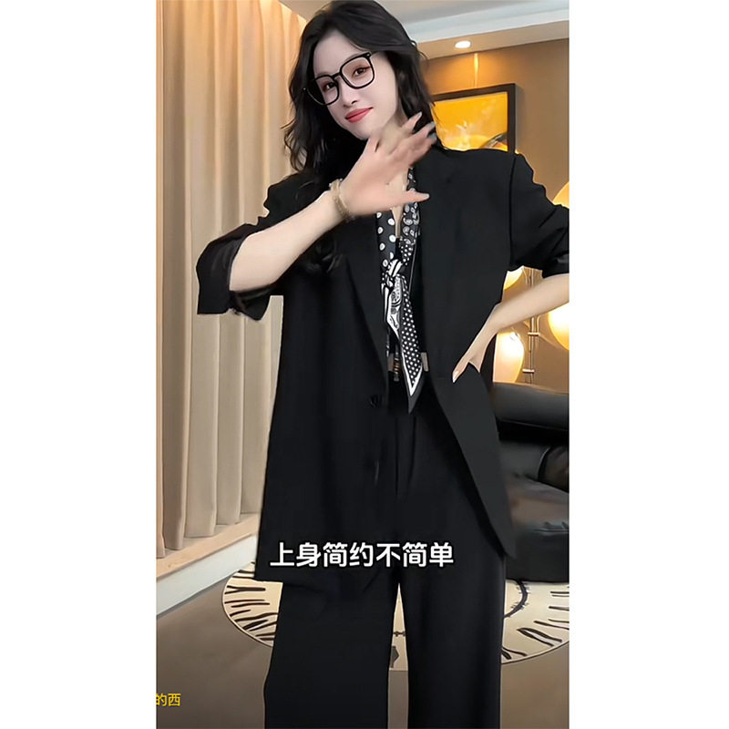 网红大码休闲西装外套女胖mm韩系复古黑色设计感宽松西服25127
