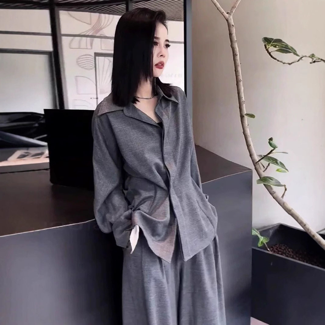 秋季新品网红时尚大码女装老钱风复古宽松上衣阔腿裤两件套25125