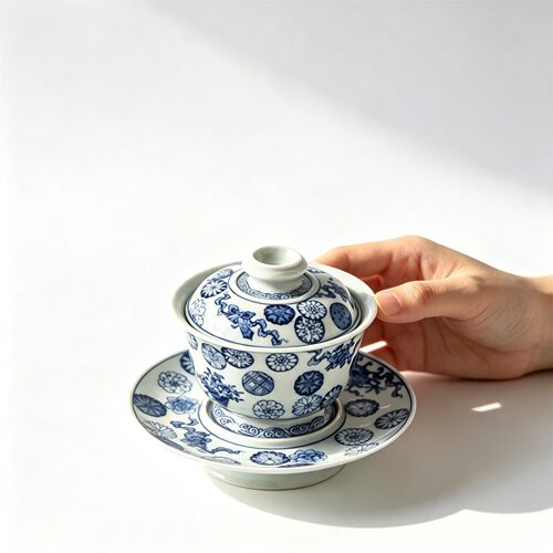 手绘青花皮球八宝纹系列三才盖碗茶碗景德镇高档茶具釉下青花柴烧