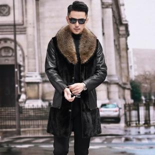 整貂水貂皮毛一体皮草外套男中长款貂皮大衣山羊皮羽绒服真皮皮衣