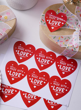 60贴红色爱心贴纸made with love七夕节礼物包装烘焙点心袋封口贴