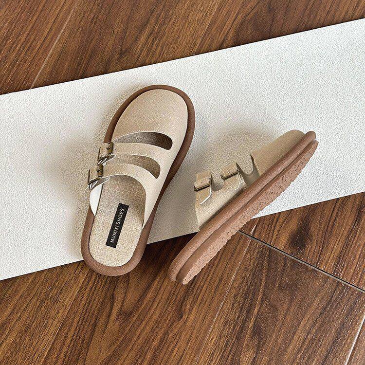 一脚蹬勃肯鞋夏季包头半拖鞋女透气亚麻懒人鞋软底棉麻穆勒鞋外穿
