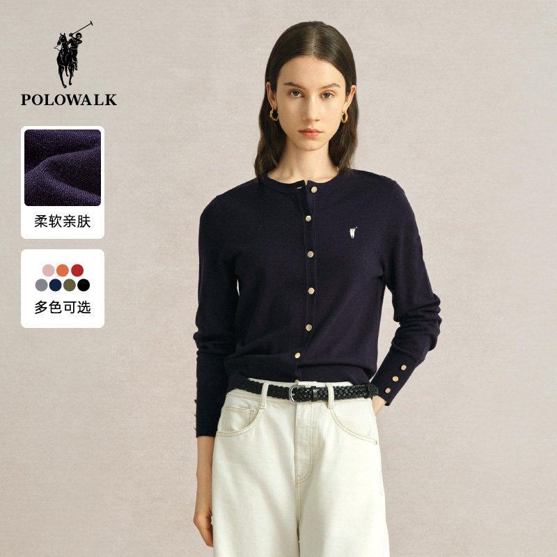 POLOWALK女士针织开 衫外套春秋毛衣外搭开 衫女薄款黑色针织衫上