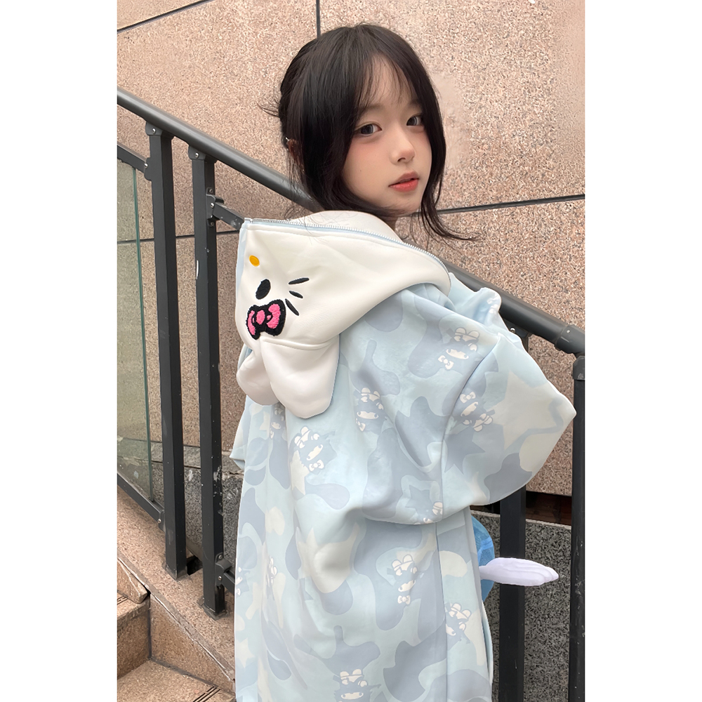 美式潮牌满印可爱凯蒂猫连帽卫衣女秋冬季慵懒风oversize开衫外套