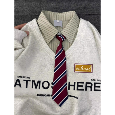 美式潮牌polo领带假两件卫衣女秋冬季新款宽松拼接衬衫学院风外套