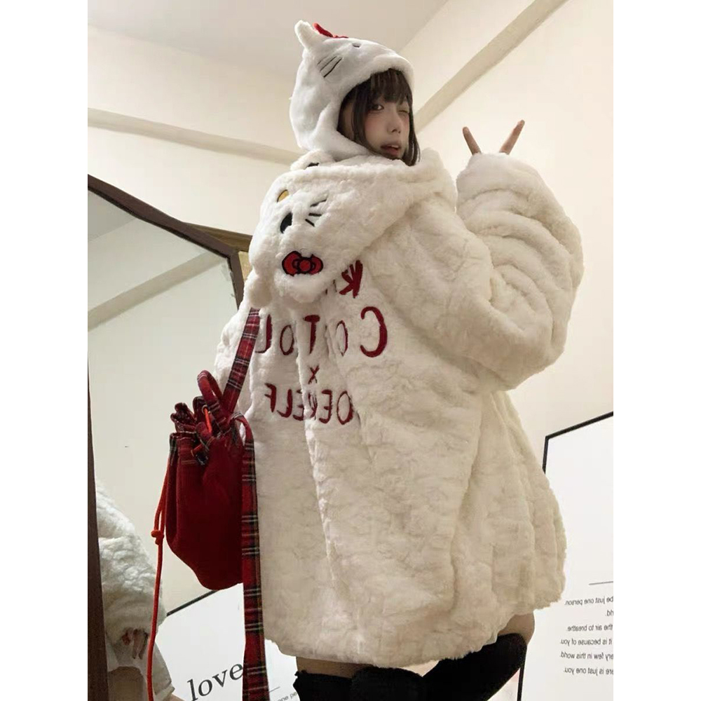 美式HelloKitty刺绣字母羊羔毛外套女秋冬宽松慵懒日系毛茸茸棉服