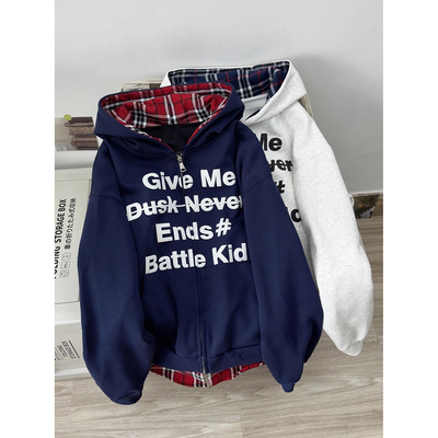 美式复古假两件拼接格子连帽卫衣女秋冬宽松chic开衫潮牌拉链外套