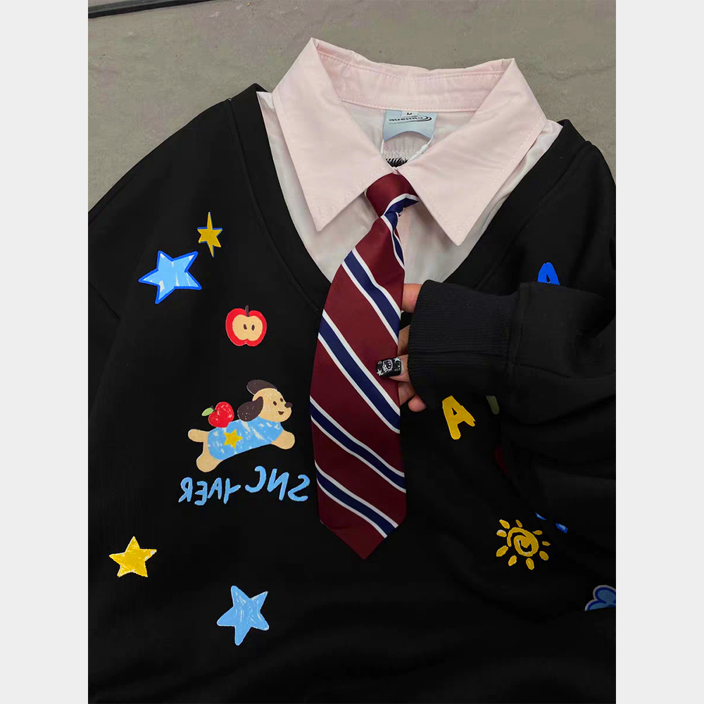 美式复古polo领带假两件卫衣女秋冬新款学院风拼接衬衫宽松上衣潮