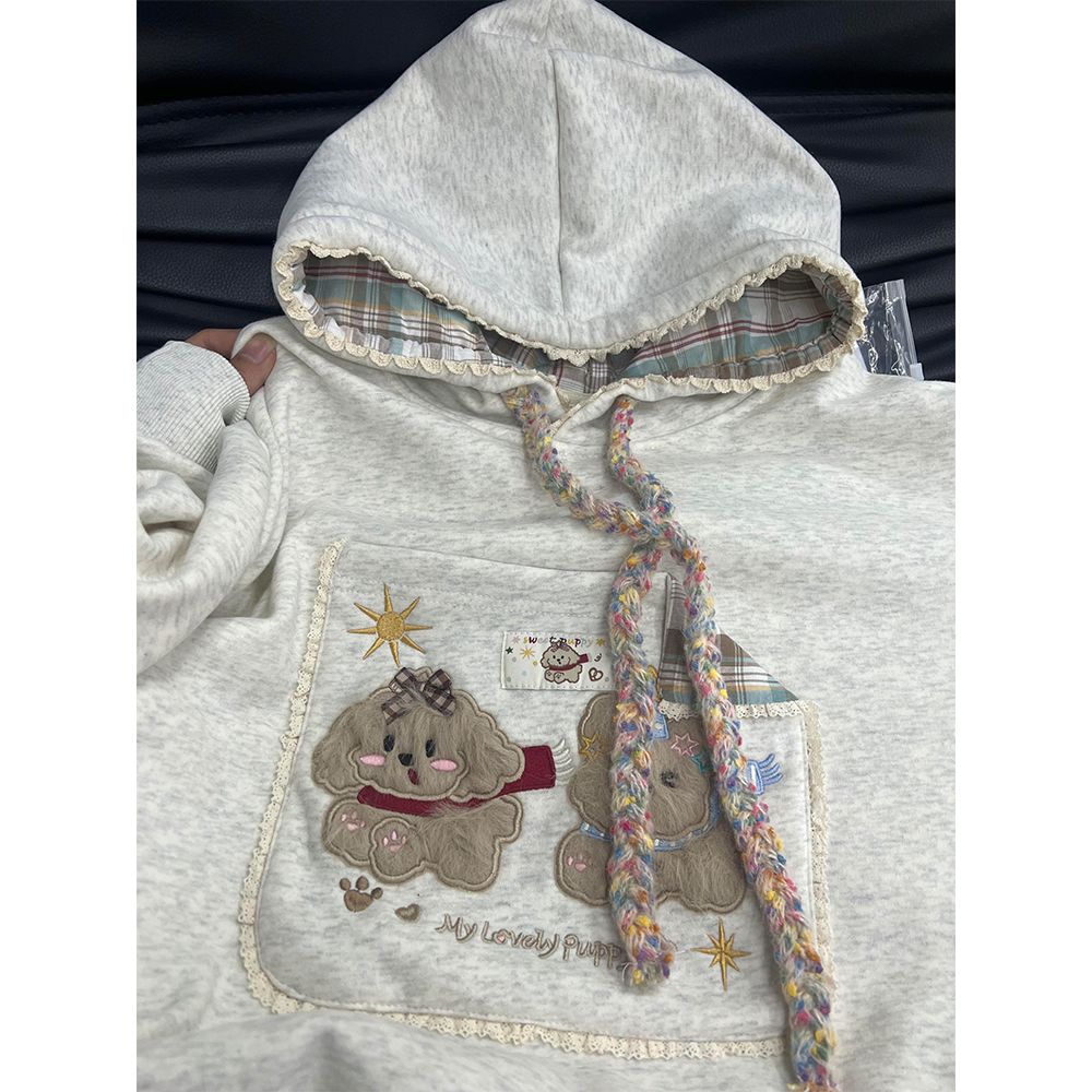 美式口袋毛绒小狗连帽卫衣女秋冬新款宽松慵懒风情侣外套潮牌上衣