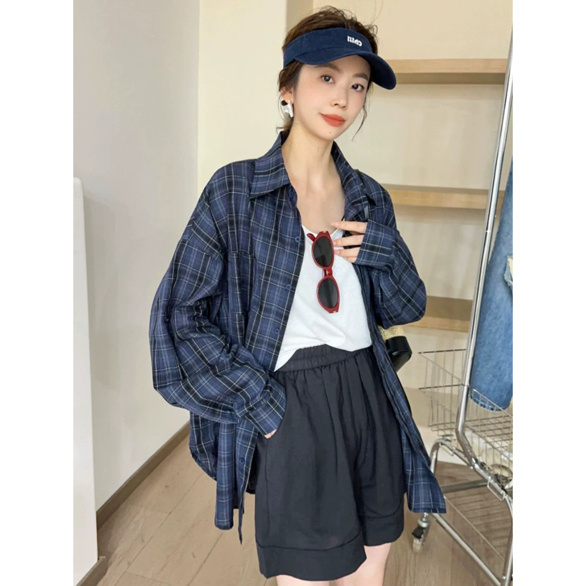 杭楚-2025夏季新款宽松显瘦休闲减龄洋气格子衬衫+背心+休闲5785