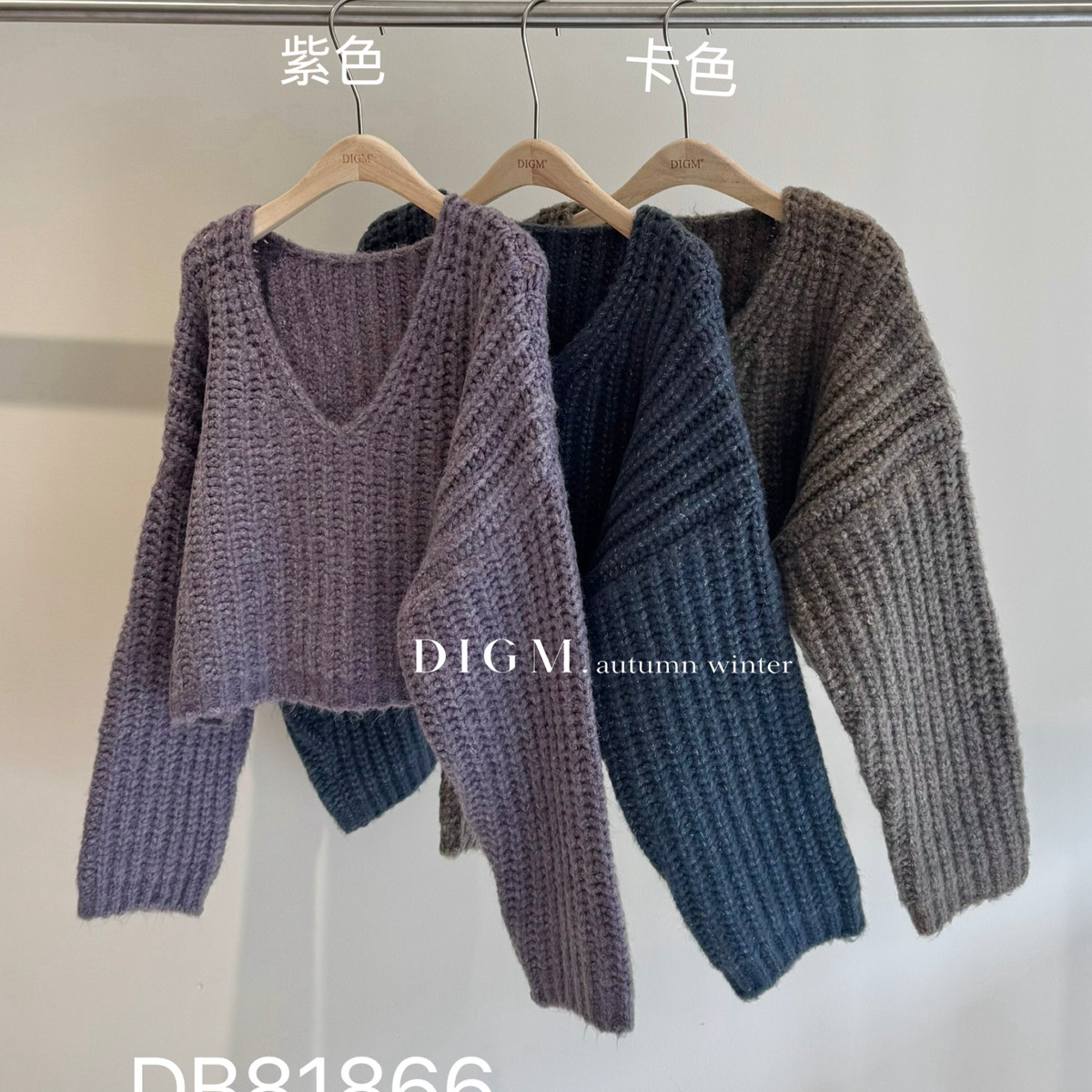 DIGM-秋上新韩系氛围感慵懒V领蝙蝠袖宽松粗针套头毛衣(含DB81866