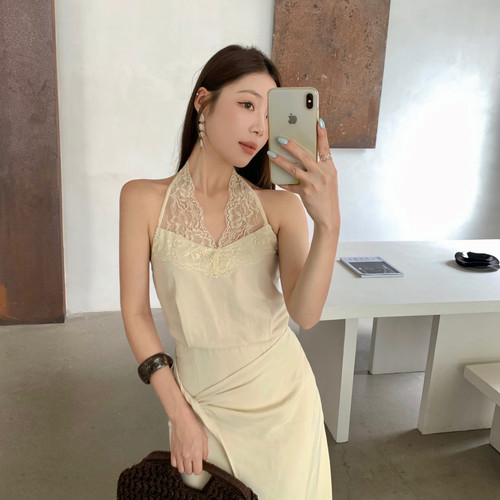 YOOMINI-2026年夏新款蕾丝绾序·挂脖亚麻莱赛尔蕾丝拼M60447-DSW