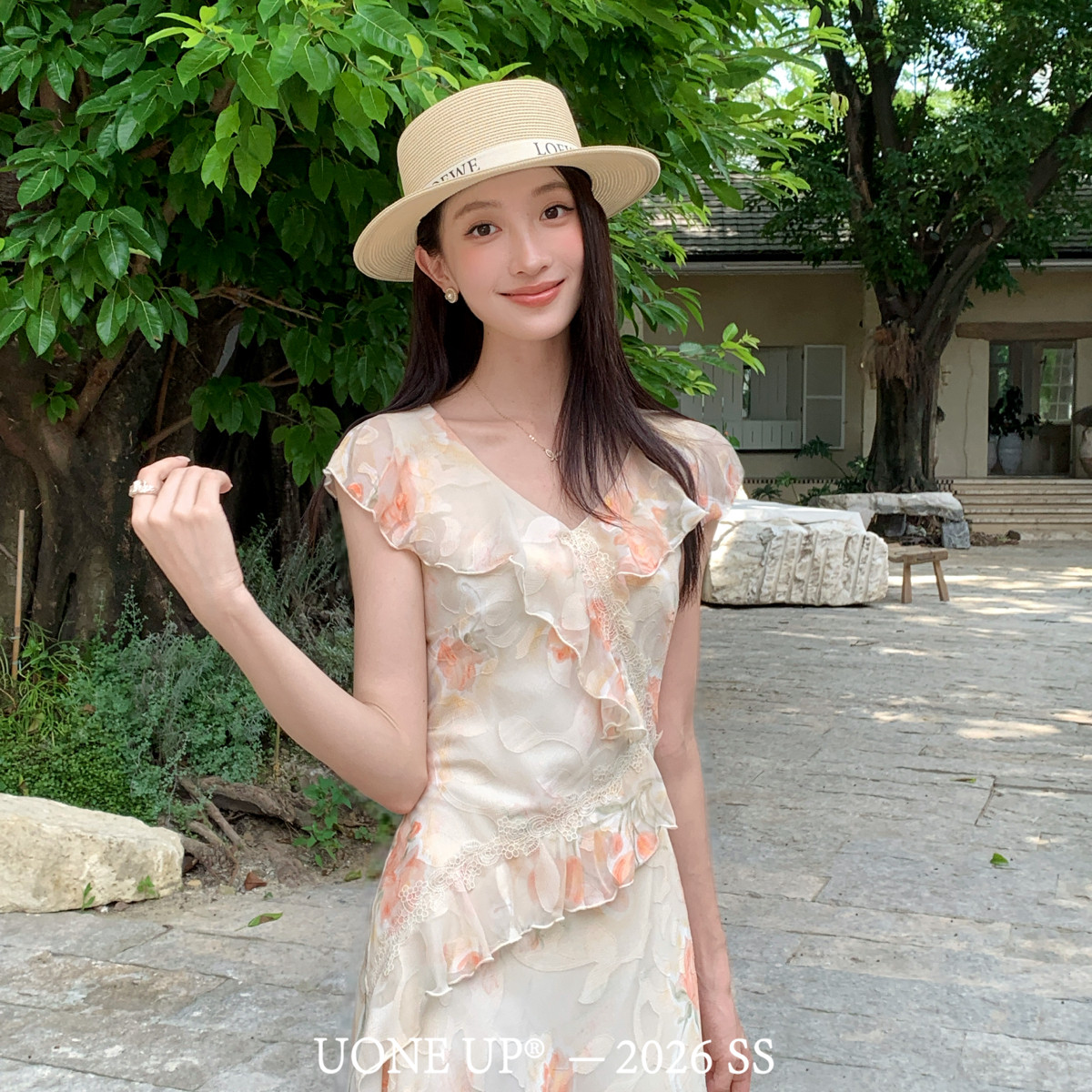 UONE-法式浪漫荷叶边提花显瘦连衣裙266003