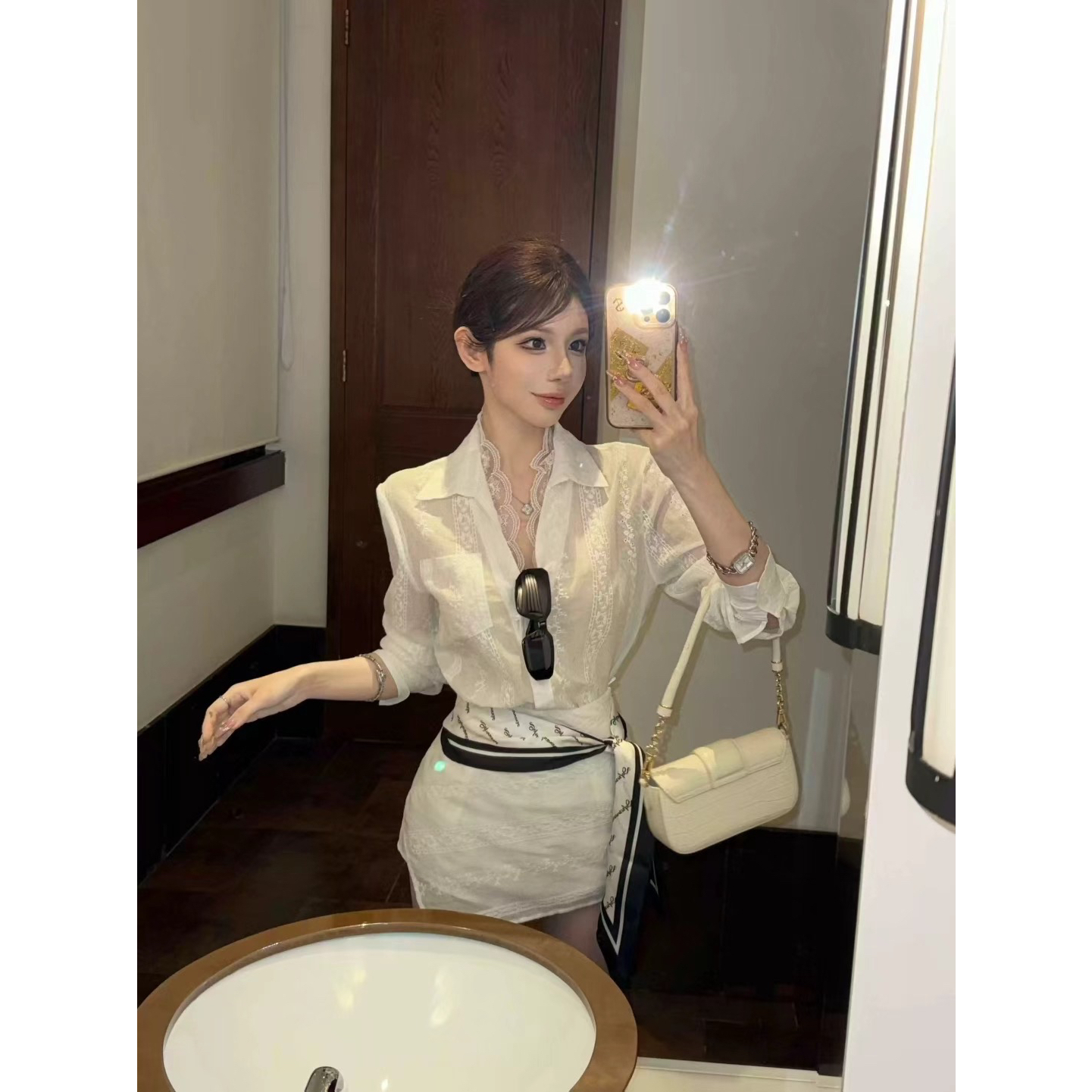 THHAISY-法式浪漫蕾丝拼接衬衫+半身裙套装(配腰带)6516