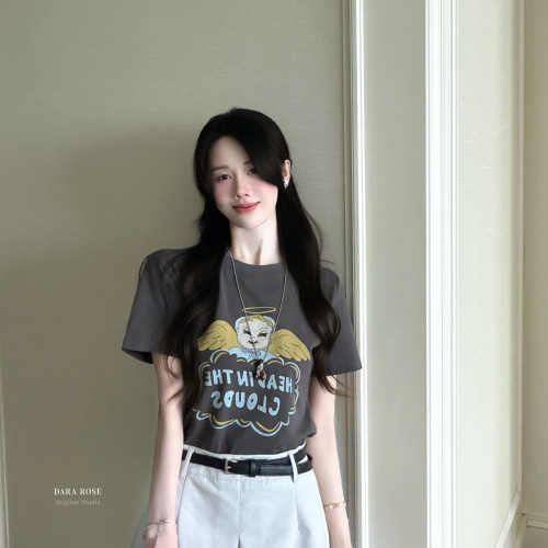 DARA ROSE-甜妹风天使印花圆领修身显瘦正肩百搭上衣短袖T恤F9385