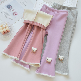 女童打底裤加绒加厚长裤中大童女孩花边微喇叭裤外穿一体绒休闲裤