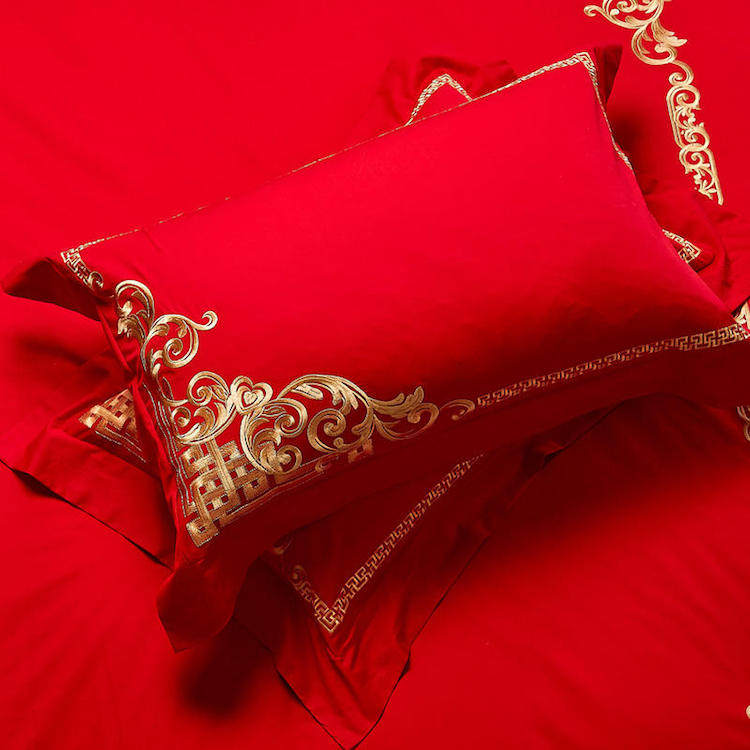 婚庆大红全棉枕套结婚喜庆枕头套新婚纯棉红色喜龙凤枕头皮一对装