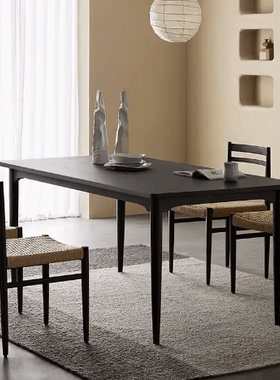 榆木长方形餐桌椅北欧实木轻奢现代简约侘寂风黑色饭桌