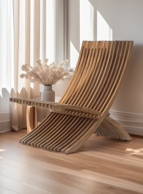 进口榆木户外折叠椅设计师躺椅阳台休闲椅户外折叠凳边几