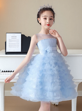 女童蓝色礼服裙主持人高端儿童晚会礼服公主裙花童婚礼小女孩礼服