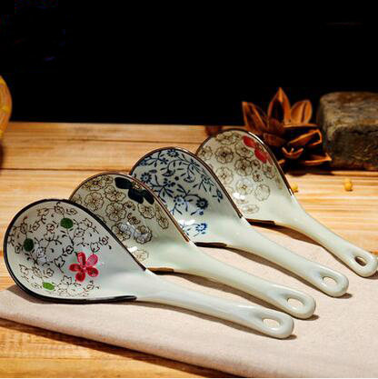 景德镇瓷器釉下彩工艺陶瓷大汤勺长柄调羹勺子饭勺田园风餐具汤匙
