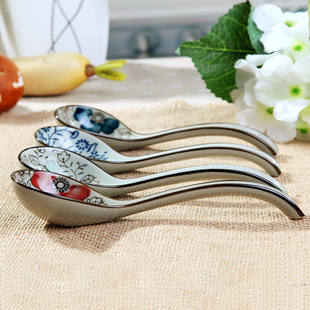 日式和风勺子 面碗勺 中号勺 长柄弯勺 甜品勺汤匙 釉下彩餐具