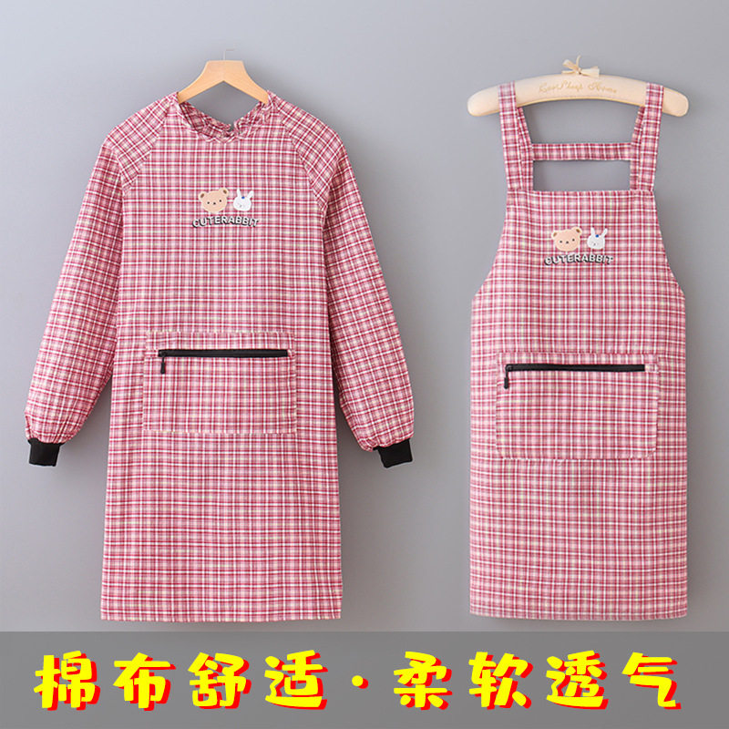 ZN中年妇女拉链手机防丢口袋围兜兜棉布罩衣家用厨房松紧袖口围裙