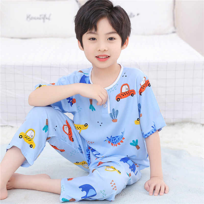 夏季儿童睡衣绵绸短袖长裤套装男孩女童小孩子薄款棉绸空调家居服