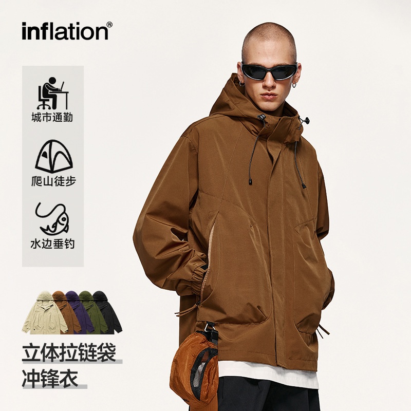 inflation山系立体拉链袋防风连帽冲锋夹克2025男士春秋外套户外